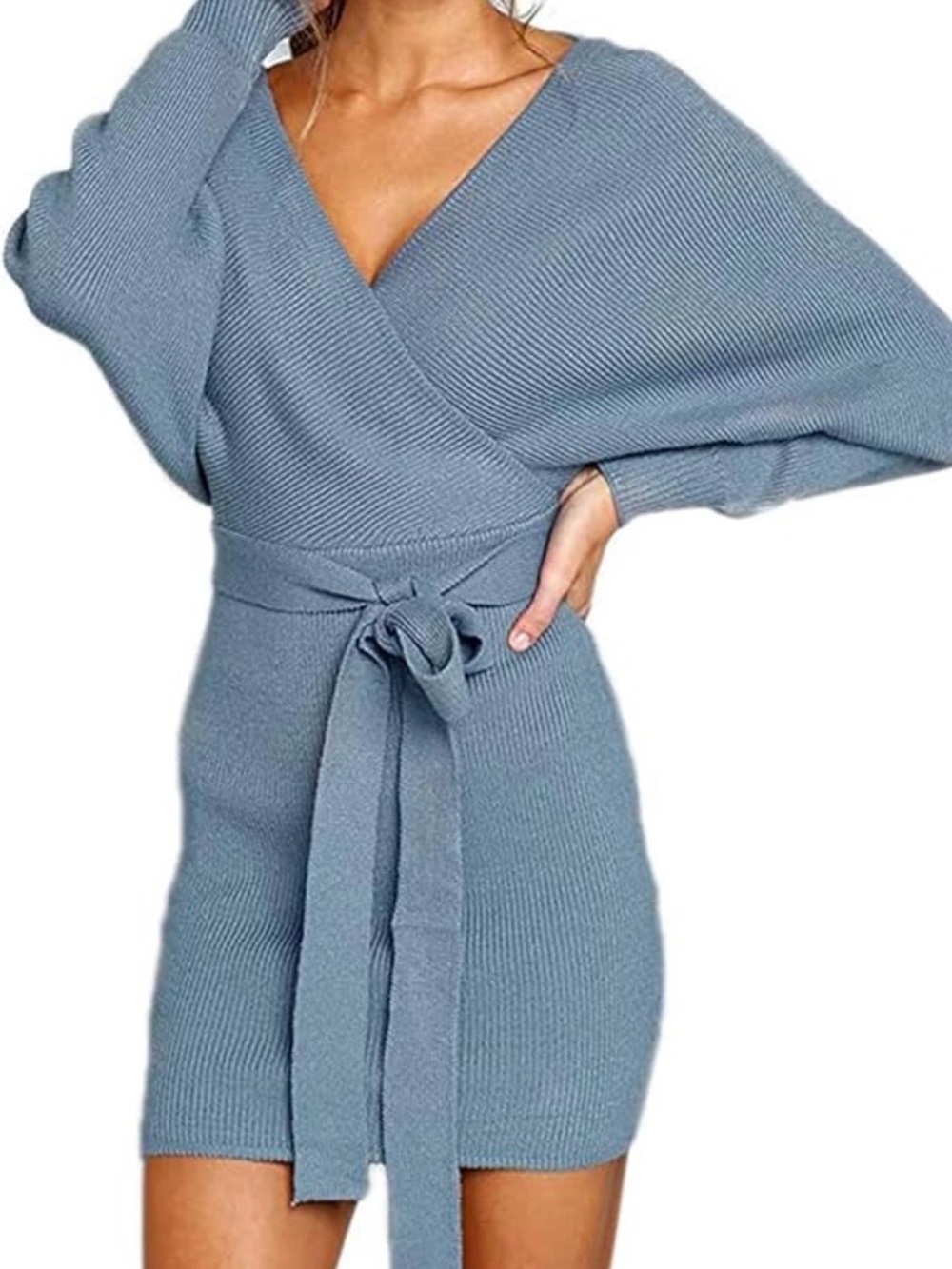 HALARA Dusty Blue Knit Wrap Belted Mini Dress Stunning